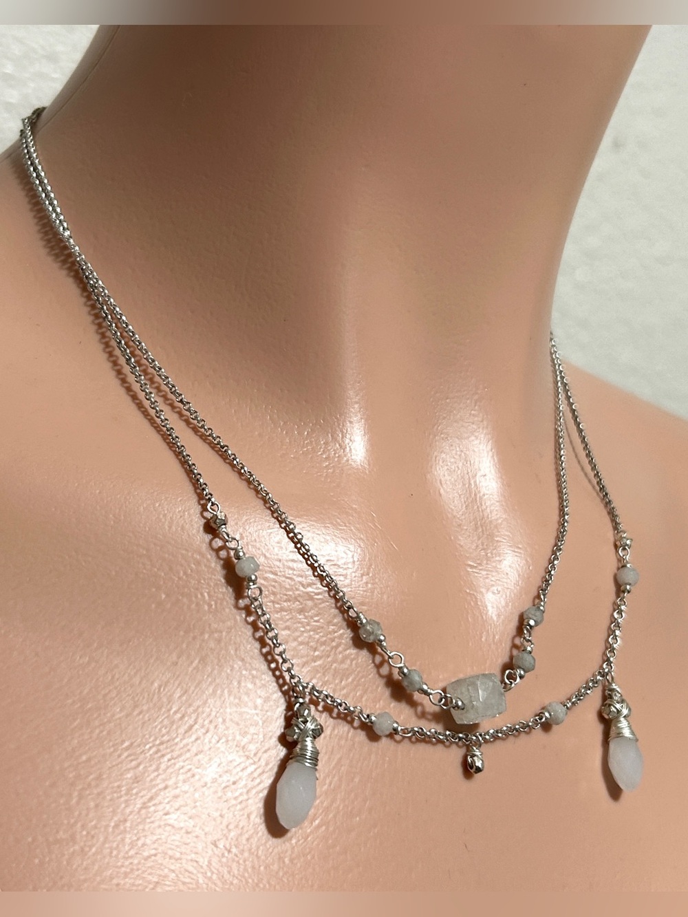 Lucky Brand Silver Layered Necklace with White Moonstone Drops